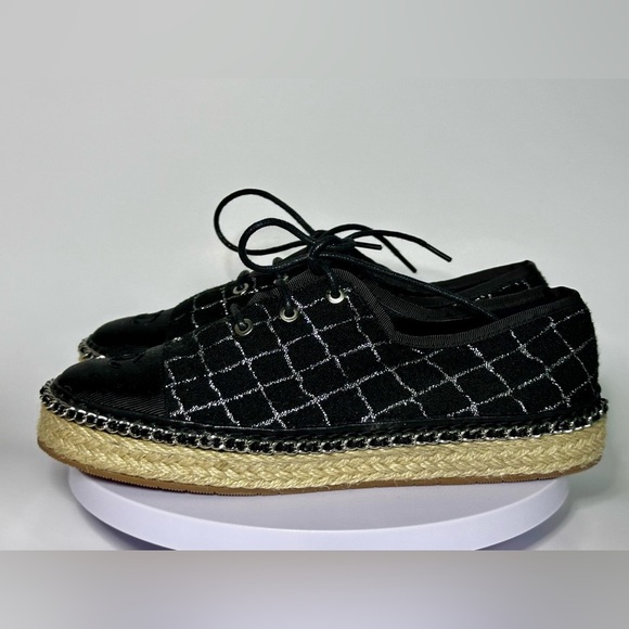 Chanel Black Quilted Lace-Up Espadrille Sneakers Size 38 Designer Luxury - Picture 6 of 13